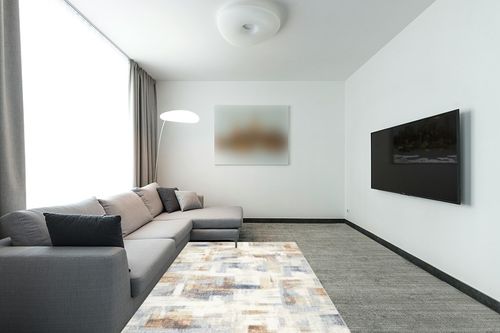 Mainstays Neutral Abstract Washable Area Rug, Abstract Neutral, 5'x7' in Modern Living Room with Grey Couch