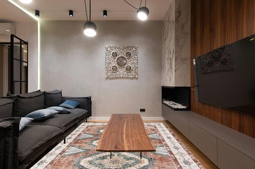 Area Rug Living Room Rugs - 8x10 Large Machine Washable Boho Thin Carpets Vintage Tribal Anti Slip Backing Carpet for Under Dining Table Bedroom Farmhouse Home Office Red in Dark Wood Living Room with Black Couch