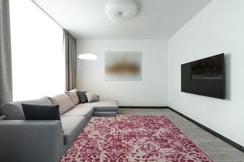 SAFAVIEH Restoration Vintage Collection Area Rug - 8' x 10', Silver & Purple, Handmade Distressed Wool, Ideal for High Traffic Areas in Living Room, Bedroom (RVT103J) in Modern Living Room with Grey Couch