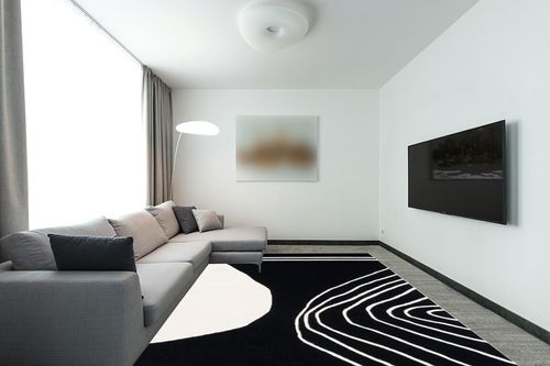 SAFAVIEH Rodeo Drive Collection Area Rug - 9' x 12', Black & Ivory, Handmade Mid-Century Modern Abstract Wool, Ideal for High Traffic Areas in Living Room, Bedroom (RD860Z) in Modern Living Room with Grey Couch