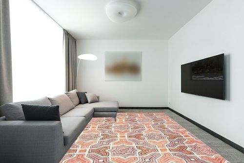 SAFAVIEH Aspen Collection Area Rug - 9' x 12', Pink & Orange, Handmade Boho Wool, Ideal for High Traffic Areas in Living Room, Bedroom (APN260U) in Modern Living Room with Grey Couch