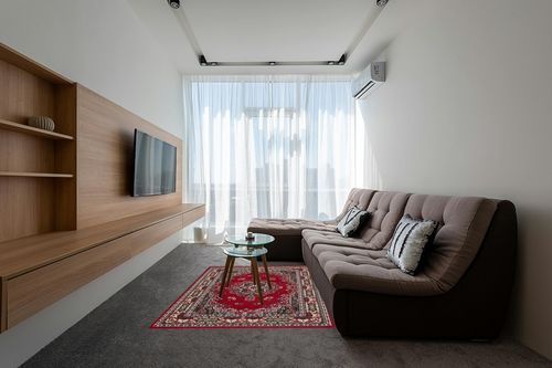 Home Dynamix Premium Sakarya Traditional Medallion Border Area Rug, Claret, 5'2"x7'4" Rectangle in Grey Living Room with Brown Couch