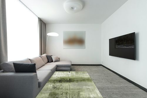 Abstract Geometric Sage Green Area Rug, Retro Creative Green Oil Painting Texture Art Machine Washable Indoor Rugs, with Non-Slip Backing Carpet for Living Dining Dorm Room Bedroom Decor-5' x 7' in Modern Living Room with Grey Couch