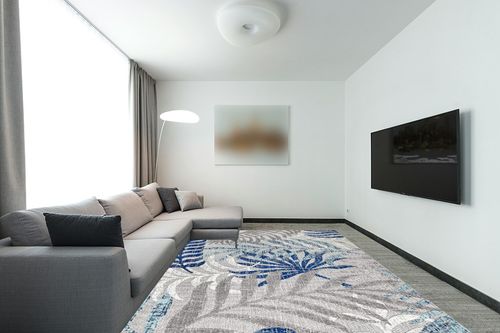 JONATHAN Y AMC100A-9 Tropics Palm Leaves Indoor Outdoor Area-Rug Bohemian Floral Easy-Cleaning High Traffic Bedroom Kitchen Backyard Patio Porch Non Shedding, 9 X 12, Gray/Blue in Modern Living Room with Grey Couch