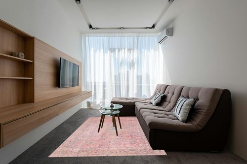 GLN Rugs Stain Resistant Machine Washable Area Rug - Vintage Boho Distressed Aesthetic - Non-Slip Backing - Indoor Floor Home Decor for Bedroom Kitchen Living & Dining Room (6' x 9') in Grey Living Room with Brown Couch