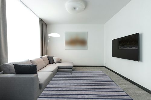 Rugs USA x Lauren Liess Gazania Striped Indoor/Outdoor Area Rug, 8' x 10', Blue in Modern Living Room with Grey Couch