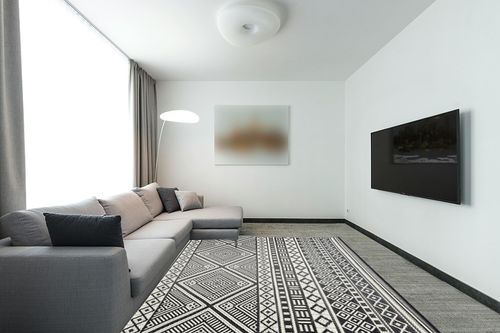 Beverly Rug Aztec Outdoor Rugs 8x10 Waterproof Boho Reversible Plastic Straw Rug Bohemian Outdoor Carpet, Outside Mat for Patio, Camping, Picnic, Porch, Deck, RV, Beach, Pool, Black and White, Texas in Modern Living Room with Grey Couch