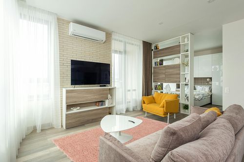 Everyday Shag Rug Pink in Light Modern Living Room with TV