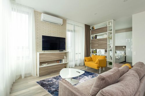 COLORPAPA Modern Abstract Area Rug 5x7 Washable Rug for Living Room Bedroom Dining Room Office Non-Slip Soft Floor Carpet, Gray/Blue/Ivory in Light Modern Living Room with TV