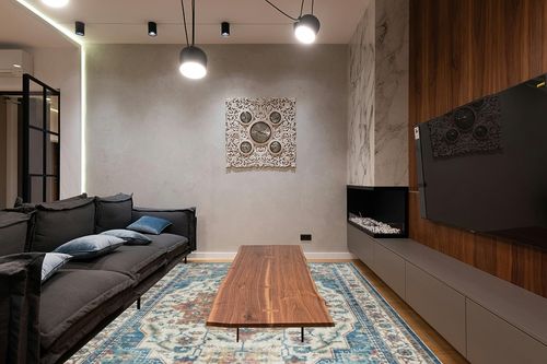 Gertmenian Boho Area Rug, 8x10 Large Home Decor for Entryway, Bedroom, Living Room, Office, Kitchen Non Slip, Soft, Low-Pile, Printed Indoor Accent Rugs Center Medallion, Soha Blue, 28513 in Dark Wood Living Room with Black Couch