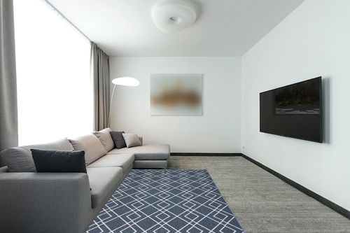 Nourison Modern Lines Modern Geometric Denim 5' x 7' Area -Rug, Easy -Cleaning, Non Shedding, Bed Room, Living Room, Dining Room, Kitchen (5x7) in Modern Living Room with Grey Couch