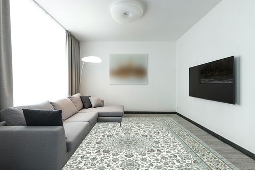 9x12 Area Rug Living Room Rugs: Machine Washable Rugs Soft Low Pile Area Rug with Non-Slip Backing Stain-Resistant, Indoor Floral Floor Carpet for Dining Room Nursery Home Office-Green in Modern Living Room with Grey Couch