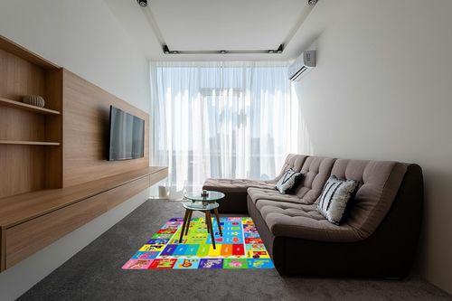 LTKOUGFAM Kids Play Rug for Playroom, Kids Play Mat ABC Educational Area Rug, Toddler Baby Playroom Mat, Alphabet Animal Soft Non-Slip Kids Rug Carpet for Boy Girl Bedroom (78.7X59 INCH Style 2) in Grey Living Room with Brown Couch