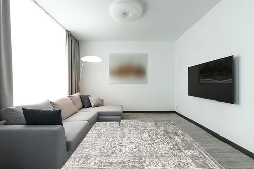 SAFAVIEH Evoke Collection Area Rug - 8' x 10', Grey & Ivory, Oriental Distressed Design, Non-Shedding & Easy Care, Ideal for High Traffic Areas in Living Room, Bedroom (EVK256D) in Modern Living Room with Grey Couch