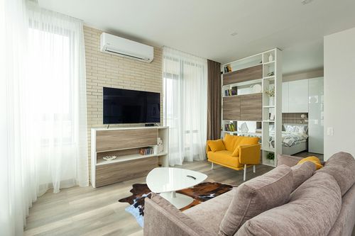 ecowhides 100% Genuine Brazilian Cowhide Rug - Tricolor, Brown, Black & White - Luxury Cowskin Leather Area Rug Decor, (X-Large) 7 x 6 ft in Light Modern Living Room with TV