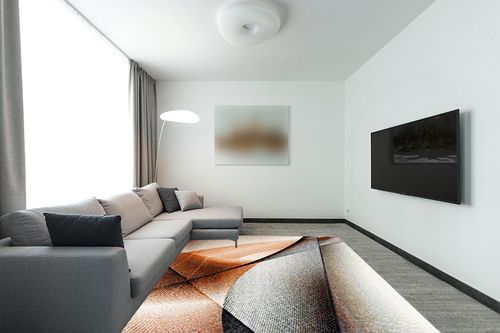 SAFAVIEH Hollywood Collection Area Rug - 8' x 10', Grey & Orange, Mid-Century Modern Design, Non-Shedding & Easy Care, Ideal for High Traffic Areas in Living Room, Bedroom (HLW715P) in Modern Living Room with Grey Couch