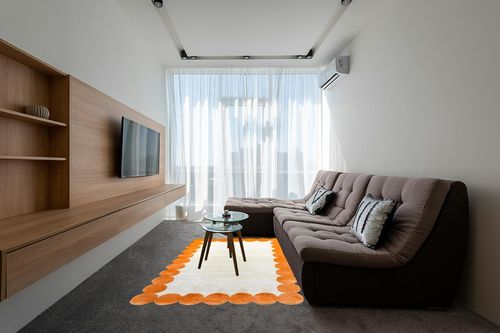 Beige & Orange Irregular Boarder Shape, Modern Handmade Tufted Area Rugs in Beige and Orange Color. in Size 5X8 Feet. in Grey Living Room with Brown Couch