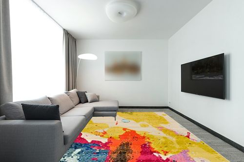 Unique Loom Estrella Collection, Abstract, Bright Colors, Modern Area Rug, Rectangular 9' 0" x 12' 0", Beige/Yellow in Modern Living Room with Grey Couch