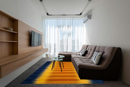 SAFAVIEH Kilim Collection Area Rug - 8' x 10', Dark Blue & Yellow, Handmade Flat Weave Wool, Ideal for High Traffic Areas in Living Room, Bedroom (KLM821B) in Grey Living Room with Brown Couch