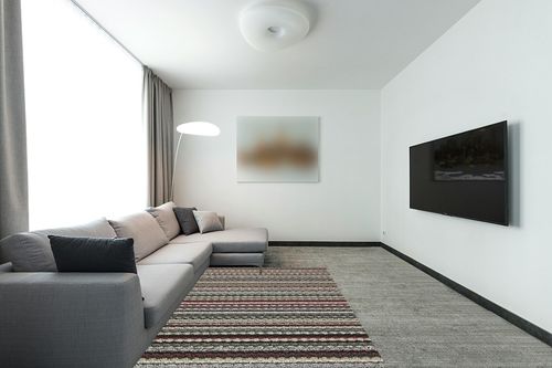 Random Earthtone Stripes Carnival Stripe  Bedroom, Living Room, Home Office, Dining Room Area Rug in Modern Living Room with Grey Couch