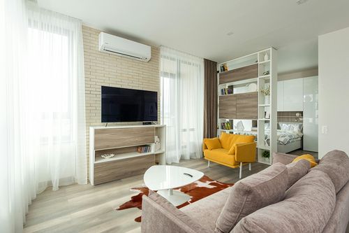 Brown and White Cowhide Rug Natural Cow Skin Cow Hide Leather Area Rug Hair On, 5 ft X 6 ft Premium Brown White Large in Light Modern Living Room with TV