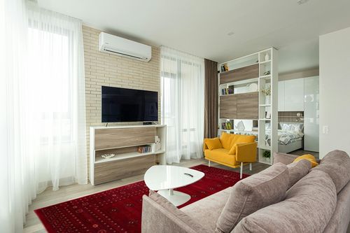 eCarpet Gallery Oriental Area Rug, Turkish Bokhara Red Carpet 8x10, 303870 in Light Modern Living Room with TV