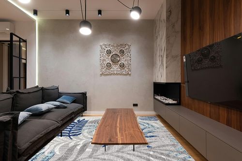 JONATHAN Y AMC100A-9 Tropics Palm Leaves Indoor Outdoor Area-Rug Bohemian Floral Easy-Cleaning High Traffic Bedroom Kitchen Backyard Patio Porch Non Shedding, 9 X 12, Gray/Blue in Dark Wood Living Room with Black Couch