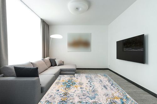 Rugshop Bohemian Distressed Design Area Rug 7'10" x 10' Blue in Modern Living Room with Grey Couch