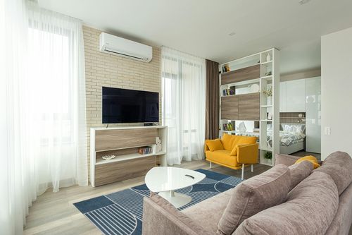 JONATHAN Y SCN104A-5 Nordby Geometric Arch Scandi Striped Indoor Area Rug, Contemporary, Coastal, Bohemian, Transitional for Bedroom,Kitchen,Living Room,Non Shedding,Easy-Washing, Blue, 5 X 8 in Light Modern Living Room with TV