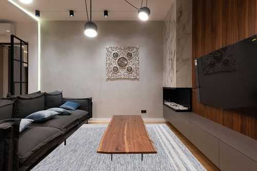 Mark&Day Outdoor Rugs, 9x12 Agency Cottage Denim Indoor/Outdoor Area Rug, Blue Ivory Carpet for Patio, Porch, Deck, Bedroom, Living Room or Kitchen (9'2" x 12') in Dark Wood Living Room with Black Couch