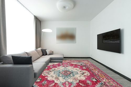 SAFAVIEH Monaco Collection Area Rug - 9' x 12', Pink & Multi, Boho Chic Medallion Distressed Design, Non-Shedding & Easy Care, Ideal for High Traffic Areas in Living Room, Bedroom (MNC243D) in Modern Living Room with Grey Couch