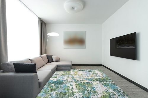 Area Rug Living Room Rugs - 8x10 Washable Large Modern Abstract Soft No Slip Indoor Rug Thin Floor Carpet for Bedroom Under Dining Table Home Office Decor - Green Turquoise in Modern Living Room with Grey Couch