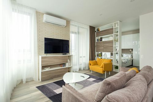 Grey Modern Non Slip Kitchen, Bedroom, Living Room Rug in Light Modern Living Room with TV