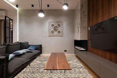 SAFAVIEH Kilim Collection Area Rug - 8' x 10', Natural & Charcoal, Handmade Moroccan Boho Jute & Cotton, Ideal for High Traffic Areas in Living Room, Bedroom (KLM751A) in Dark Wood Living Room with Black Couch