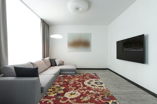 SAFAVIEH Blossom Collection 6' x 9' Red / Multi BLM401C Handmade Premium Wool Area Rug in Modern Living Room with Grey Couch