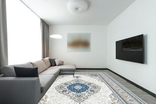 Area Rug Living Room Rugs: 9x12 Machine Washable Rug Soft Low Pile Area Rug with Non-Slip Backing, Medallion Floor Carpet for Bedroom Dining Room Nursery Home Office-Blue/Cream in Modern Living Room with Grey Couch