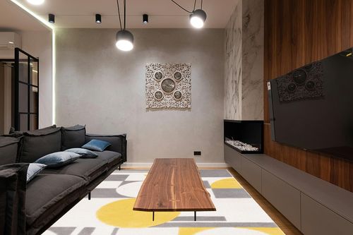 SAFAVIEH Rodeo Drive Collection Area Rug - 8' x 10', Grey & Gold, Handmade Mid-Century Modern Abstract Wool, Ideal for High Traffic Areas in Living Room, Bedroom (RD856D) in Dark Wood Living Room with Black Couch