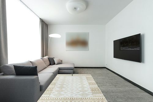 Seavish Washable Area Rugs 5x7 Khaki Contemporary Living Room Rugs Low-Pile Ultra-Thin Distressed Nursery Rug Stain Resistant Large Flodable Carpet for Dining Room Home Office Bedroom Kitchen in Modern Living Room with Grey Couch