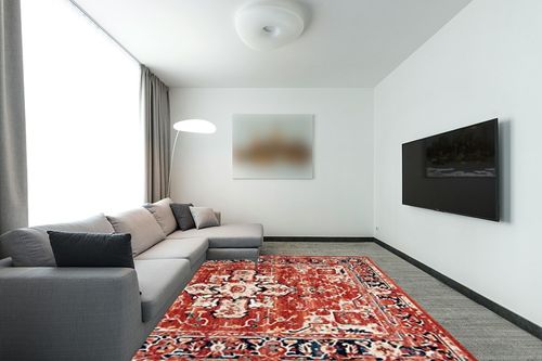 SAFAVIEH Charleston Collection Area Rug - 8' x 10', Red & Ivory, Oriental Distressed Design, Non-Shedding & Easy Care, Ideal for High Traffic Areas in Living Room, Bedroom (CHL411Q) in Modern Living Room with Grey Couch