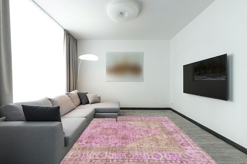 Well Woven Nile Gila Machine Washable Vintage Bohemian Medallion Oriental Pink Flat-Weave Distressed 7'7" X 9'6" Area Rug in Modern Living Room with Grey Couch
