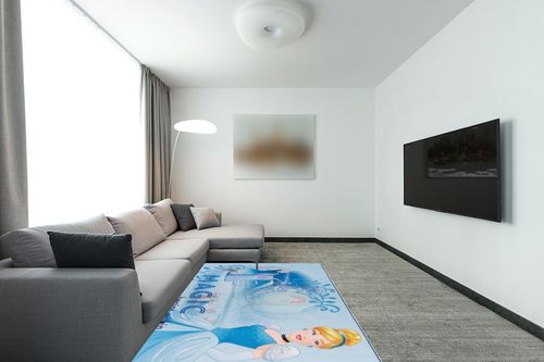Gertmenian Kids Playroom & Game Room Carpet | Disney Princess Cinderella Childrens Rug | Kids Novelty Home Decor, Perfect Area Rug for Girls Playroom, Bedroom | 54x78 Large, Sky Blue, 47262 in Modern Living Room with Grey Couch