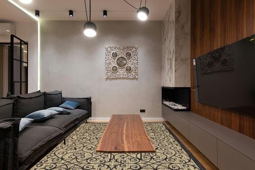 JONATHAN Y Madrid Vintage Filigree Textured Weave Indoor/Outdoor Black/Khaki 8 ft. x 10 ft. Area-Rug, Classic,Easy-Cleaning,HighTraffic,LivingRoom,Backyard, Non Shedding, SMB107A-8 in Dark Wood Living Room with Black Couch