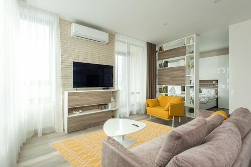 Jill Zarin Outdoor Collection Area Rug - Turks and Caicos (5' 3" x 8' Rectangle Yellow Ivory/Ivory) in Light Modern Living Room with TV