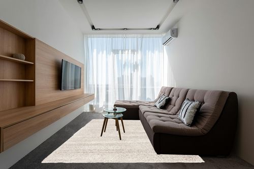 SAFAVIEH Hudson Shag Collection Area Rug - 8' x 10', Ivory & Beige, Modern Abstract Design, Non-Shedding & Easy Care, 2-inch Thick Ideal for High Traffic Areas in Living Room, Bedroom (SGH295C) in Grey Living Room with Brown Couch