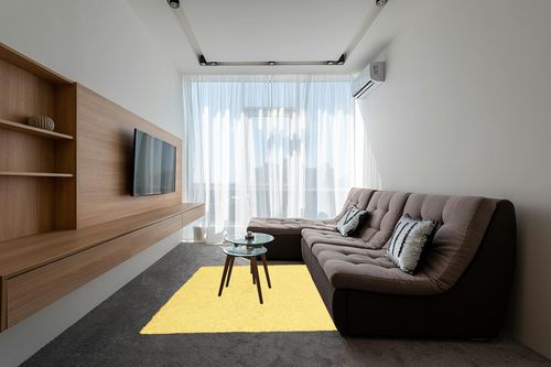 Yellow 21x34" Shagadelic Chenille Twist Rug- Shag in Grey Living Room with Brown Couch