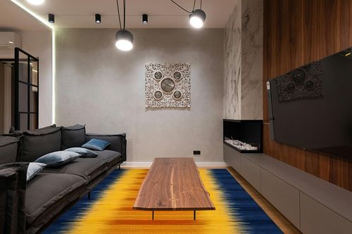 SAFAVIEH Kilim Collection Area Rug - 8' x 10', Dark Blue & Yellow, Handmade Flat Weave Wool, Ideal for High Traffic Areas in Living Room, Bedroom (KLM821B) in Dark Wood Living Room with Black Couch