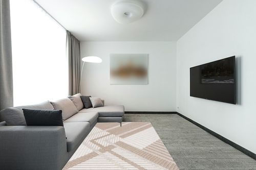 Global 220 Area Rug in Beige / Light Beige Latitude Run Rug Size: Rectangle 5'3 ... in Modern Living Room with Grey Couch