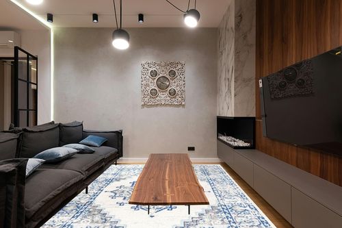 JONATHAN Y BMF107A-8 Inigo Cottage Medallion Indoor Area-Rug Bohemian Vintage Floral Easy-Cleaning High Traffic Bedroom Kitchen Living Room Non Shedding, 8 ft x 10 ft, Blue in Dark Wood Living Room with Black Couch