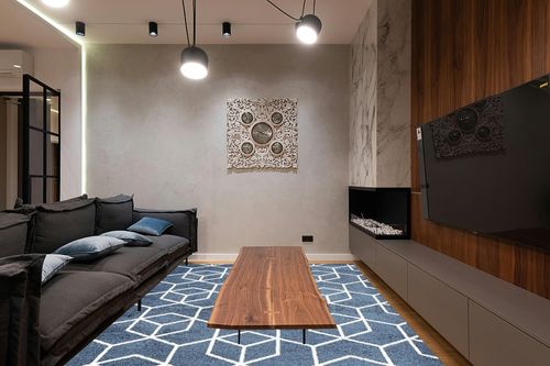 JONATHAN Y SEU101H-8 Tumbling Blocks Modern Geometric Indoor Area-Rug Contemporary Casual Easy-Cleaning Bedroom Kitchen Living Room Non Shedding, 8 X 10, Navy/White,JSEU101H8 in Dark Wood Living Room with Black Couch