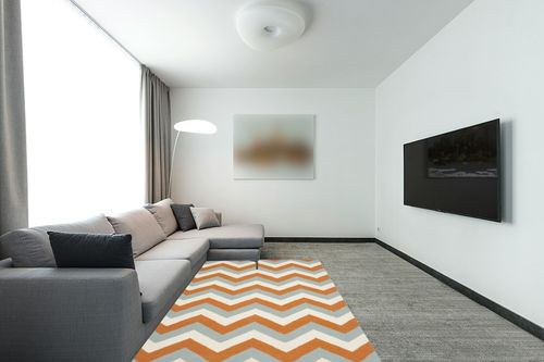 Safavieh 5' x 8' Dhurries Dhu640c Terracotta / Blue Rug in Modern Living Room with Grey Couch